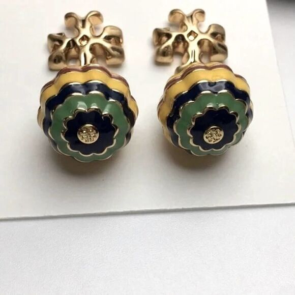 NWOT Tory Burch Gold Logo/ Yellow Multi Drop Stud Earrings - Picture 4 of 6